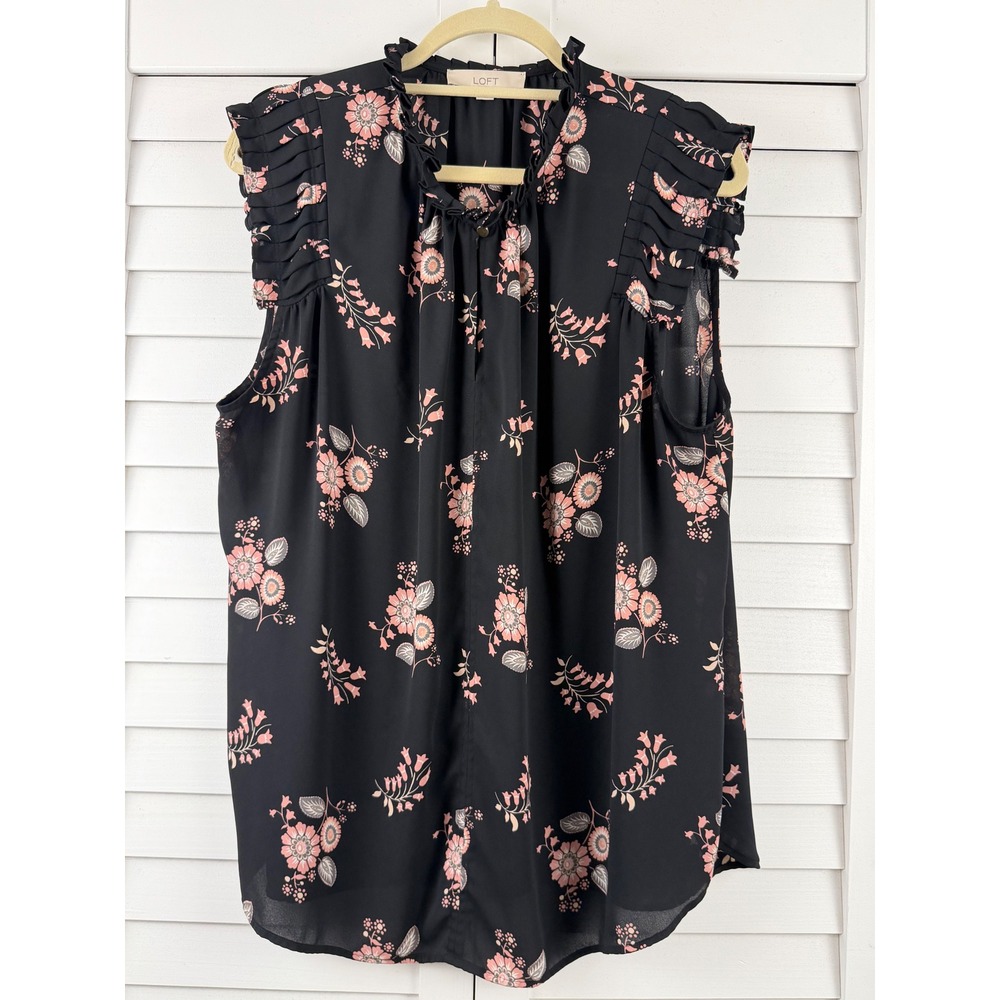 LOFT Floral Ruffle Blouse Women XXL Black Pleated Cap Sleeve Shell